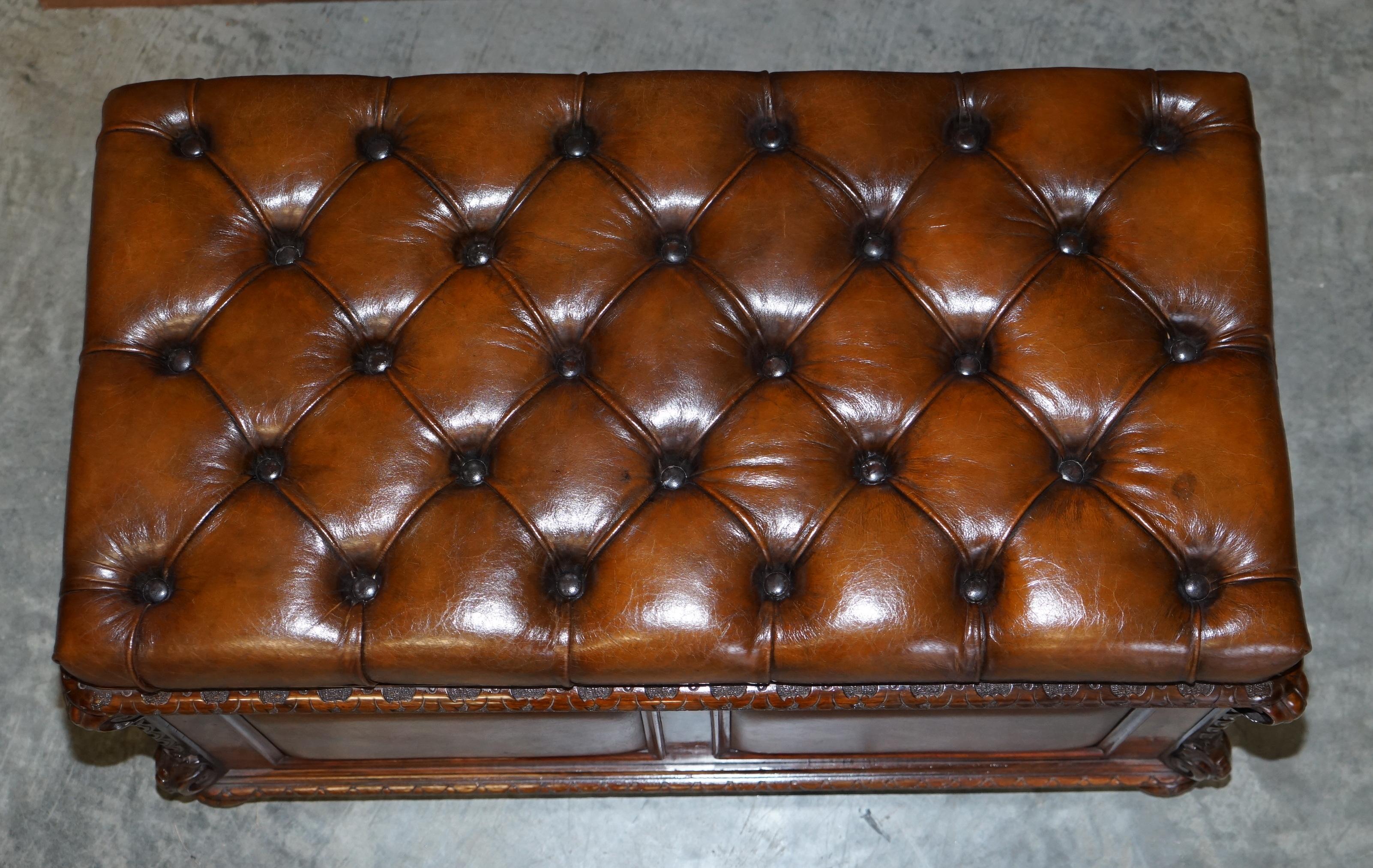 Restored Antique William IV Burr Walnut Brown Leather Chesterfield Ottoman Stool 15