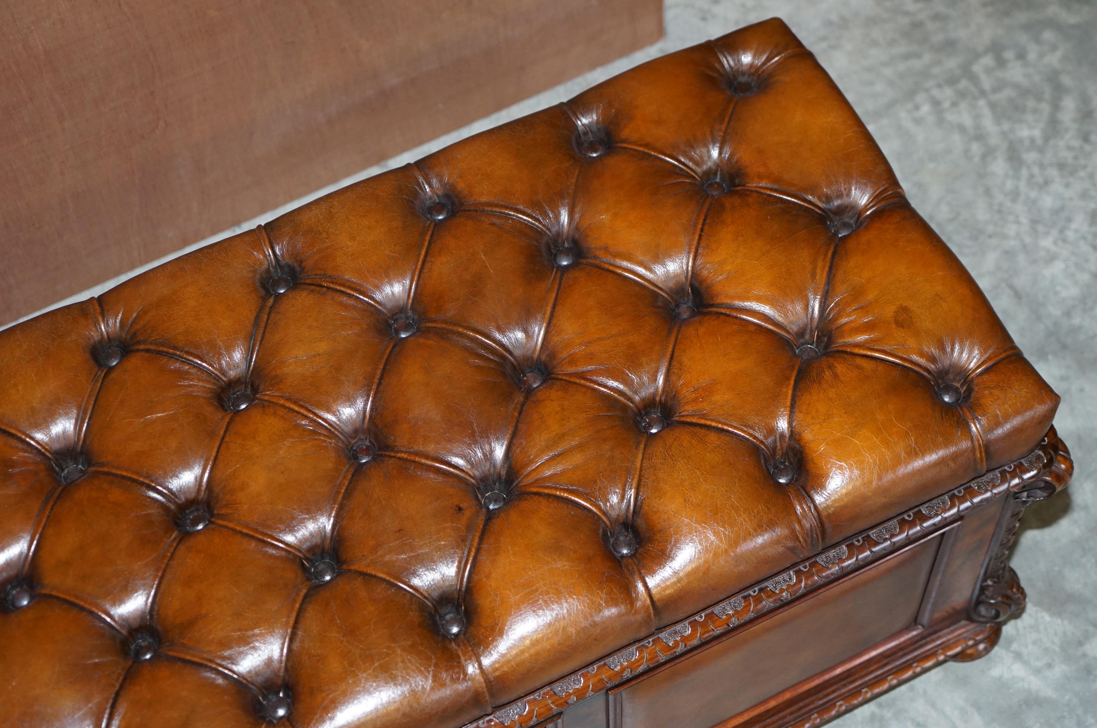 English Restored Antique William IV Burr Walnut Brown Leather Chesterfield Ottoman Stool