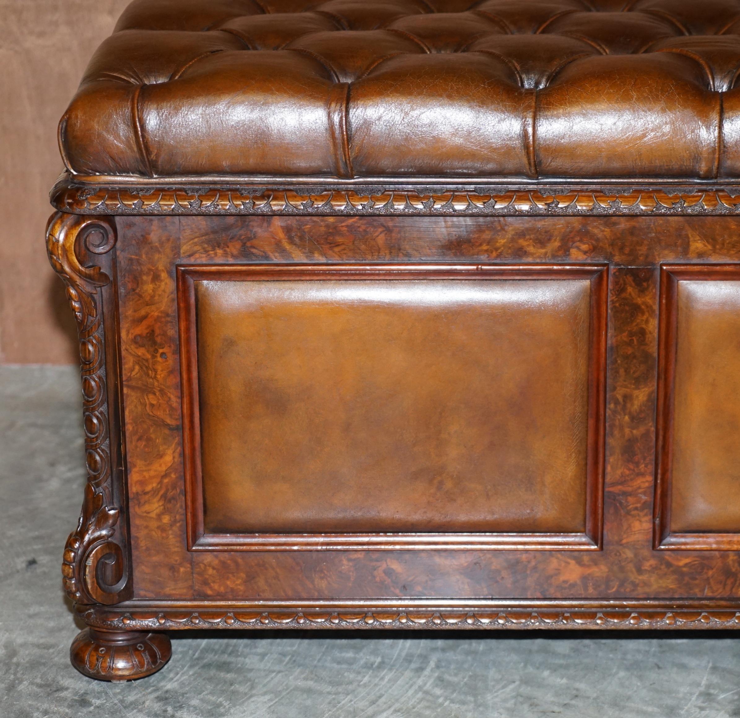 Hand-Crafted Restored Antique William IV Burr Walnut Brown Leather Chesterfield Ottoman Stool
