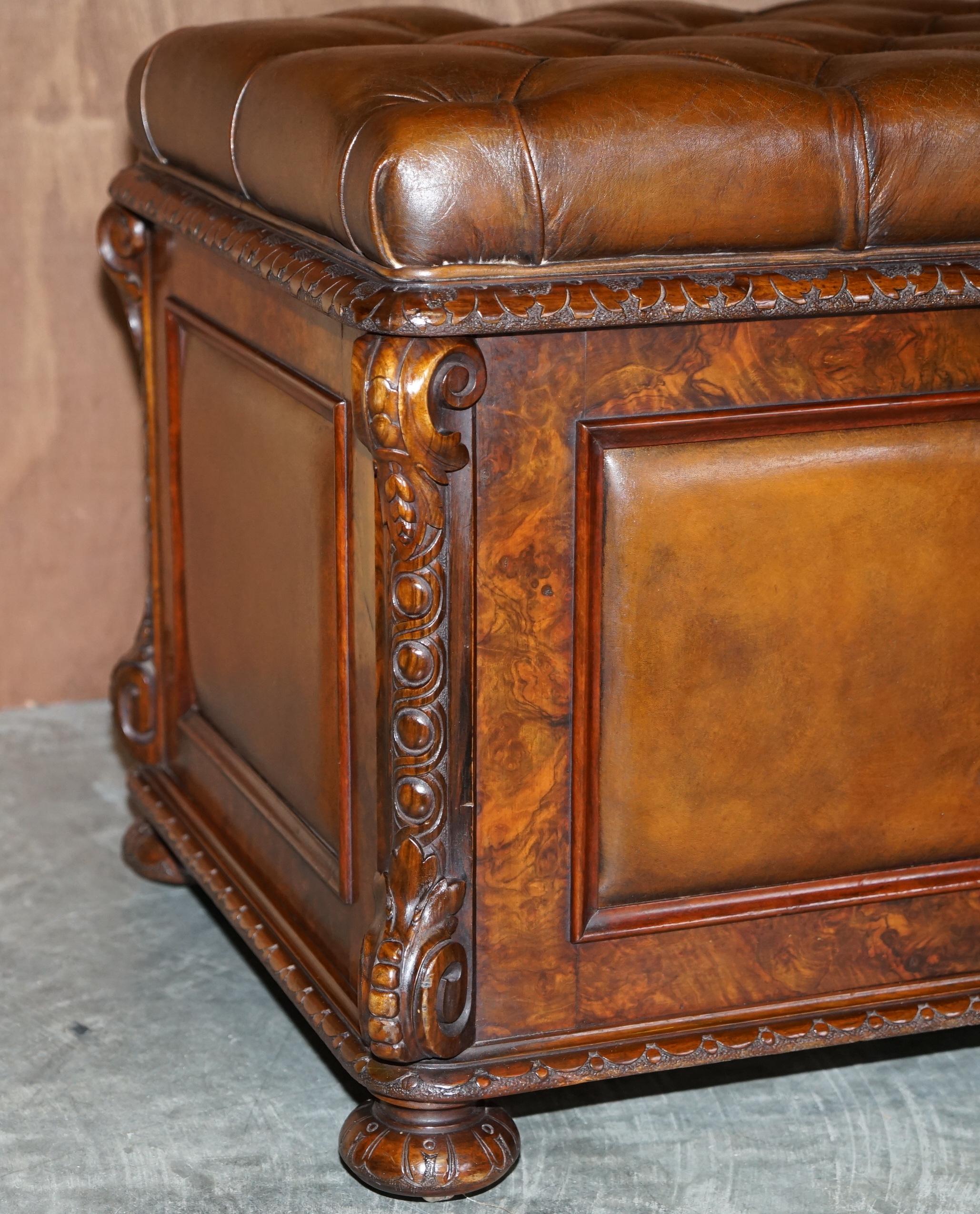 Mid-19th Century Restored Antique William IV Burr Walnut Brown Leather Chesterfield Ottoman Stool