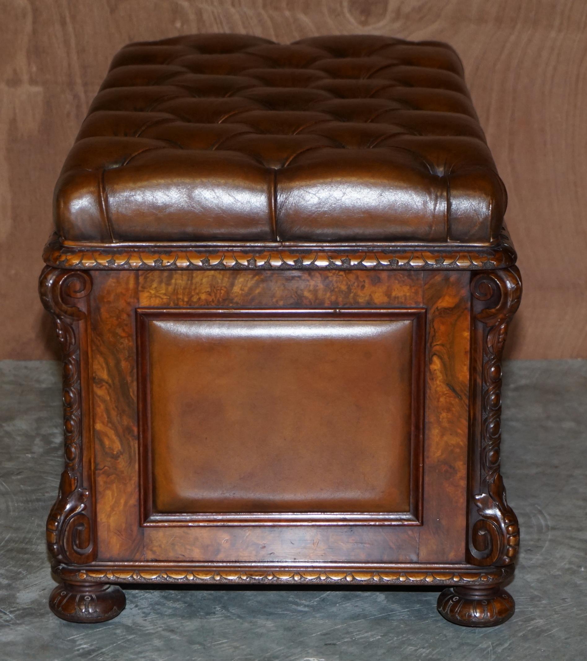 Restored Antique William IV Burr Walnut Brown Leather Chesterfield Ottoman Stool 4