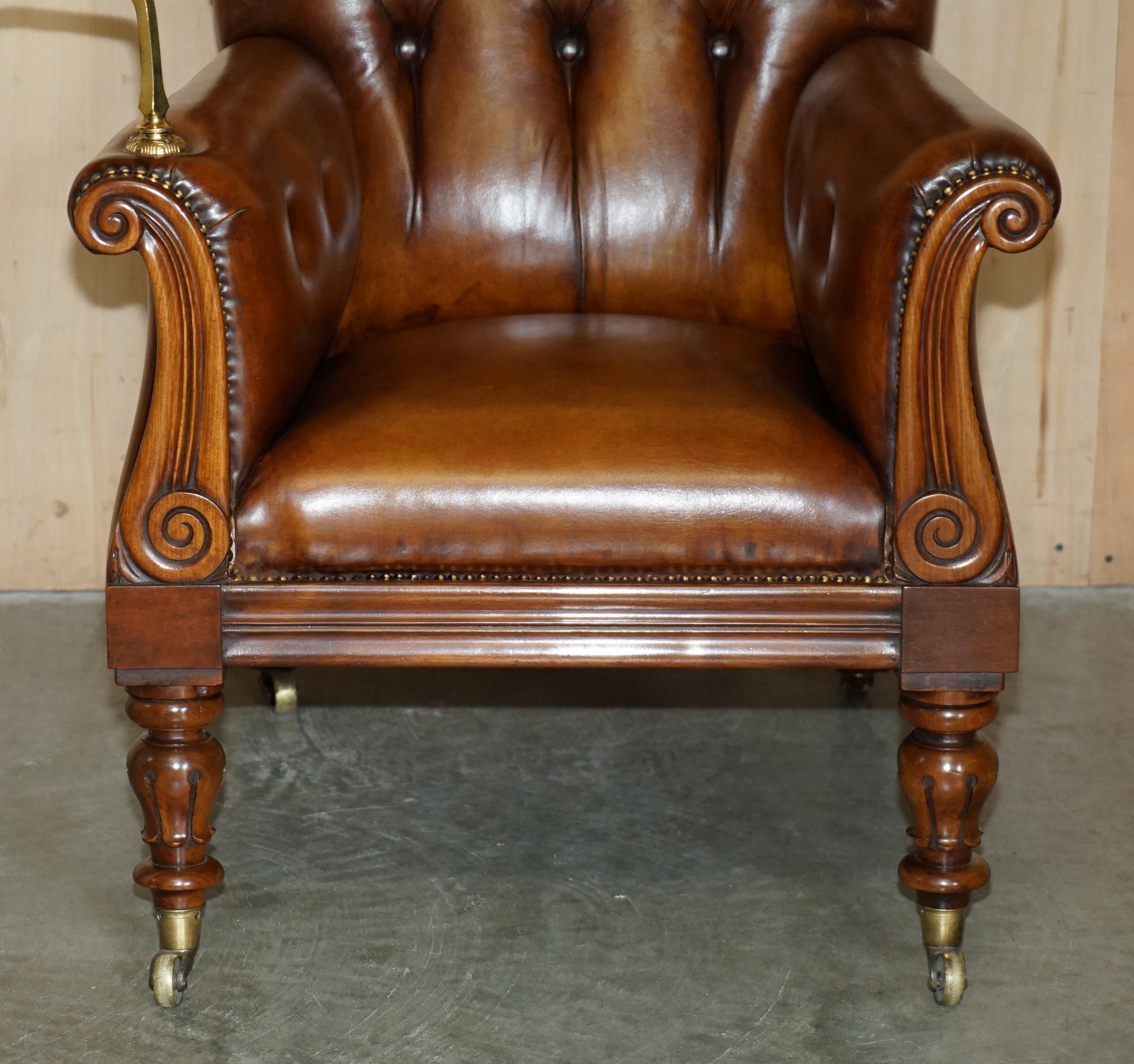 Hand-Crafted RESTORED ANTiQUE WILLIAM IV CHESTERFIELD BROWN LEATHER ARMCHAIR + WRITING SLOPE For Sale