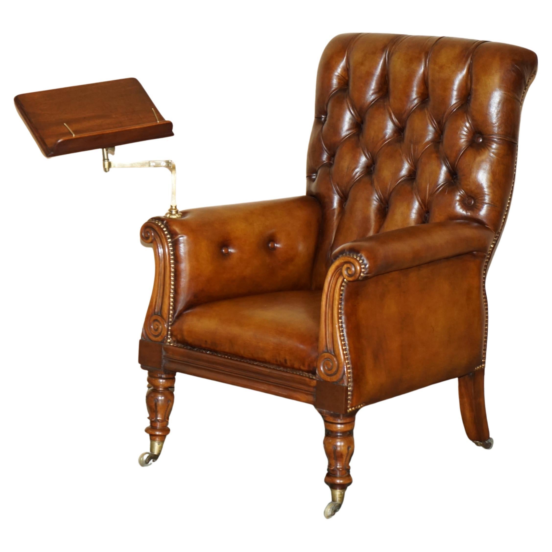 RESTORED ANTiQUE WILLIAM IV CHESTERFIELD BROWN LEATHER ARMCHAIR + WRITING SLOPE For Sale