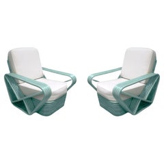Restored Aqua Turquoise 5-Strand Square Pretzel Rattan Lounge Chairs - Pair