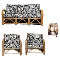 Restored Arch Arm Rattan Loung Chair & Sofa Living Room Set w/ Ottoman