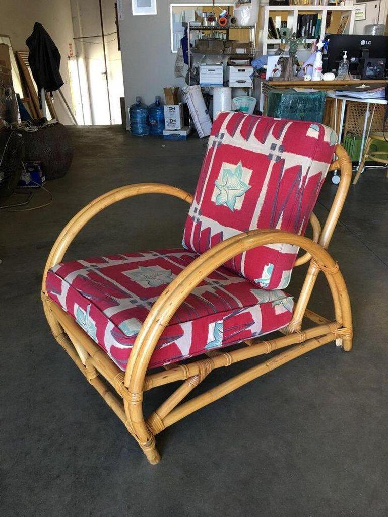 Restored Arch Deluxe Rattan Lounge Chair with Bark Cloth Cushions In Excellent Condition For Sale In Van Nuys, CA