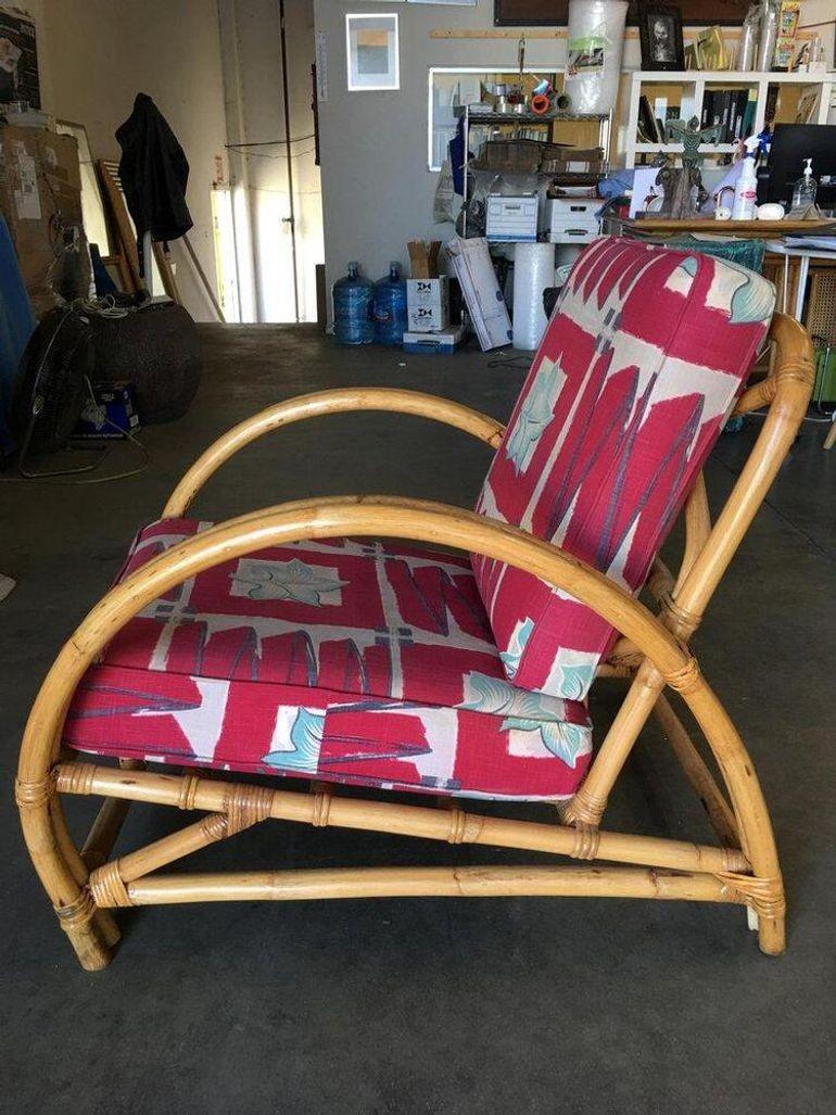 Mid-20th Century Restored Arch Deluxe Rattan Lounge Chair with Bark Cloth Cushions For Sale