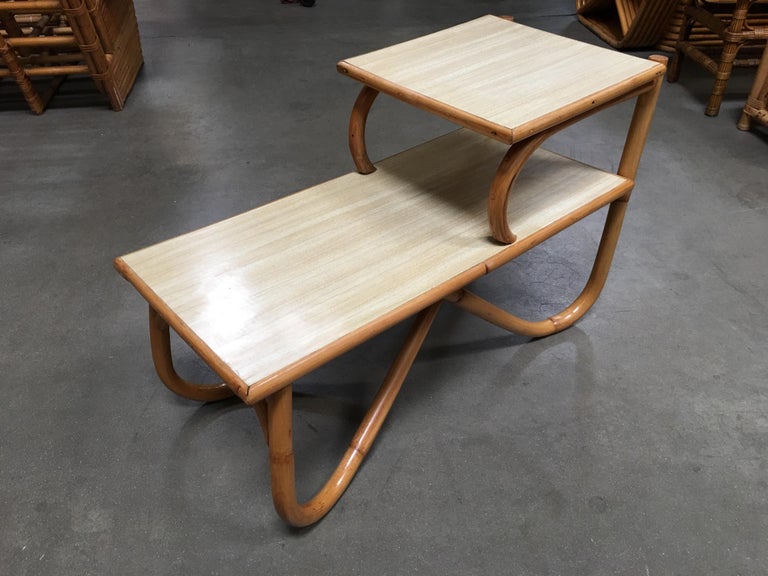 Restored Arch Leg Rattan Side Table with TwoTier Formica Tops For Sale