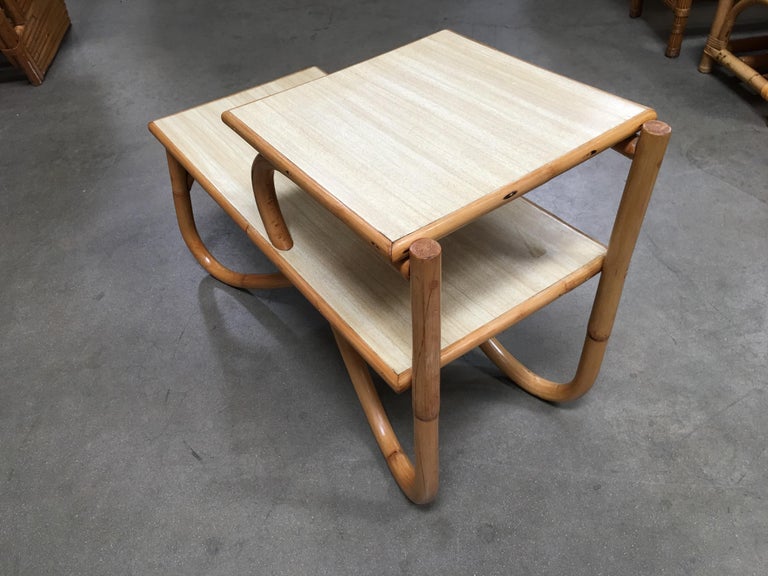 Restored Arch Leg Rattan Side Table with TwoTier Formica Tops For Sale
