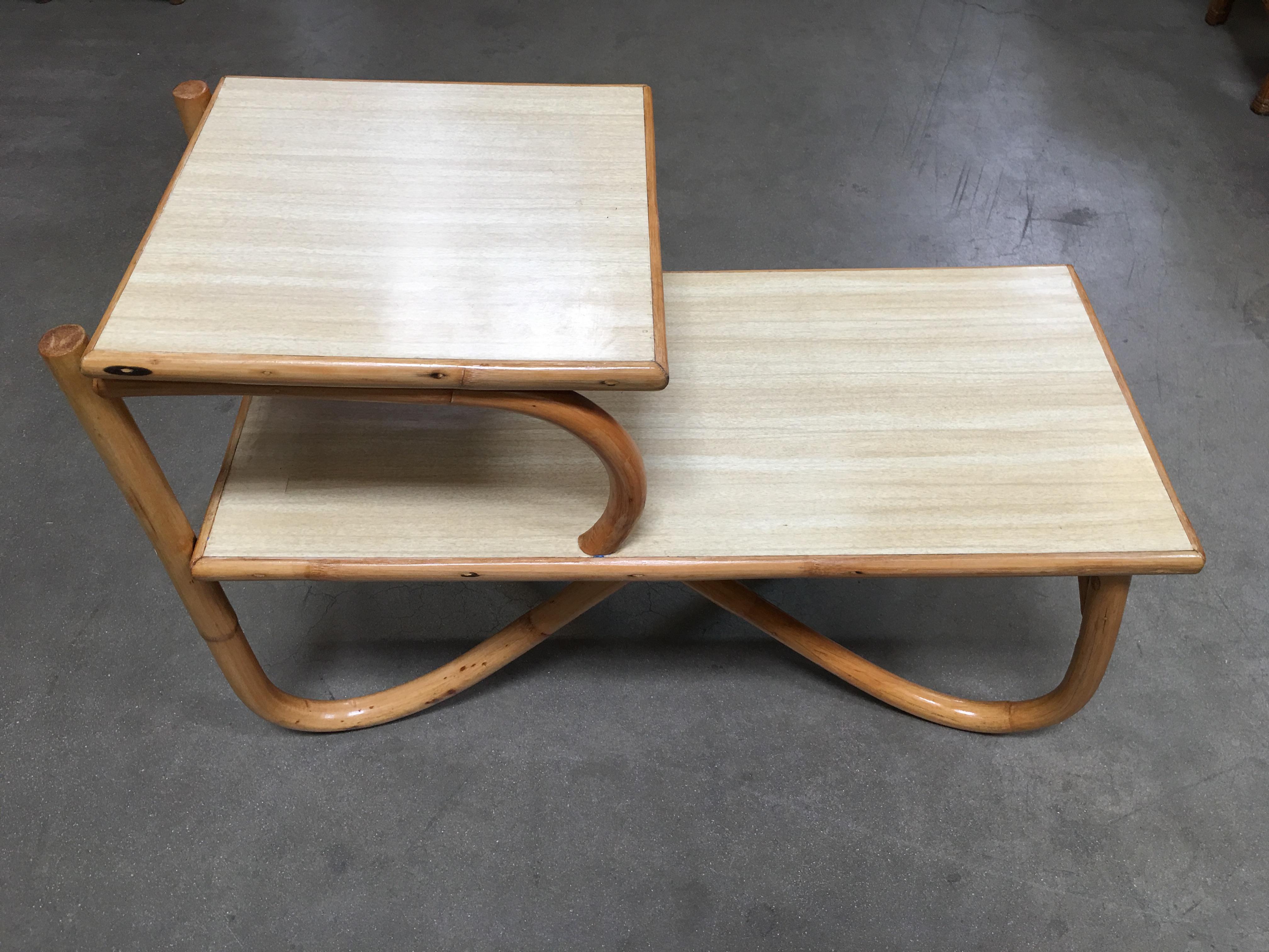 Wicker Restored Arch Leg Rattan Side Table with Two-Tier Formica Tops