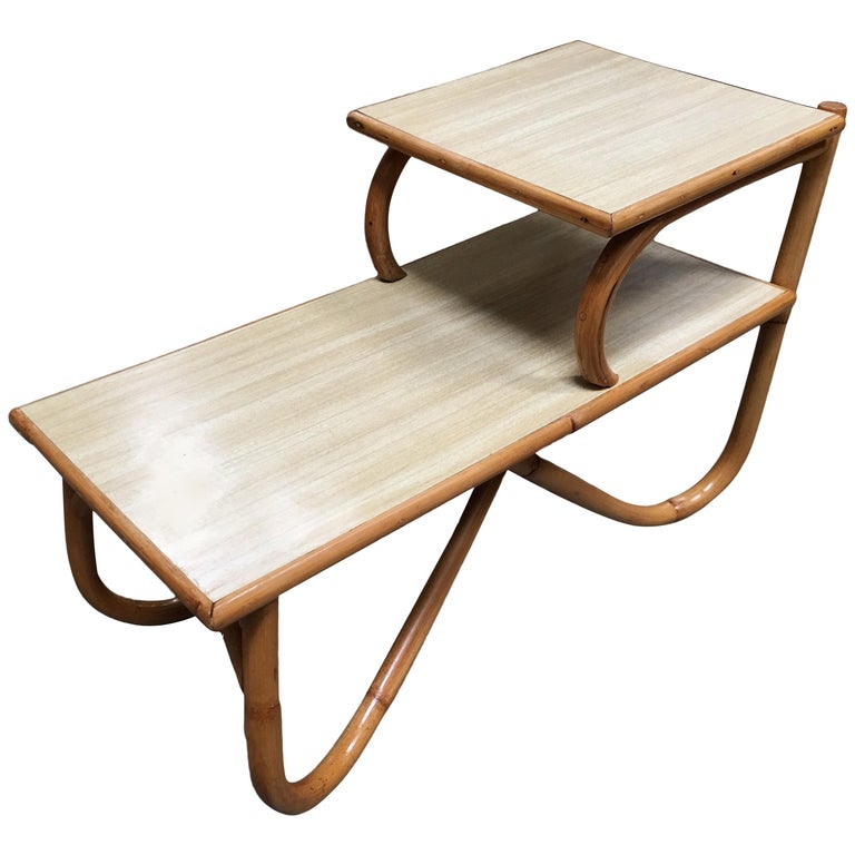 Restored Arch Leg Rattan Side Table with TwoTier Formica Tops For Sale