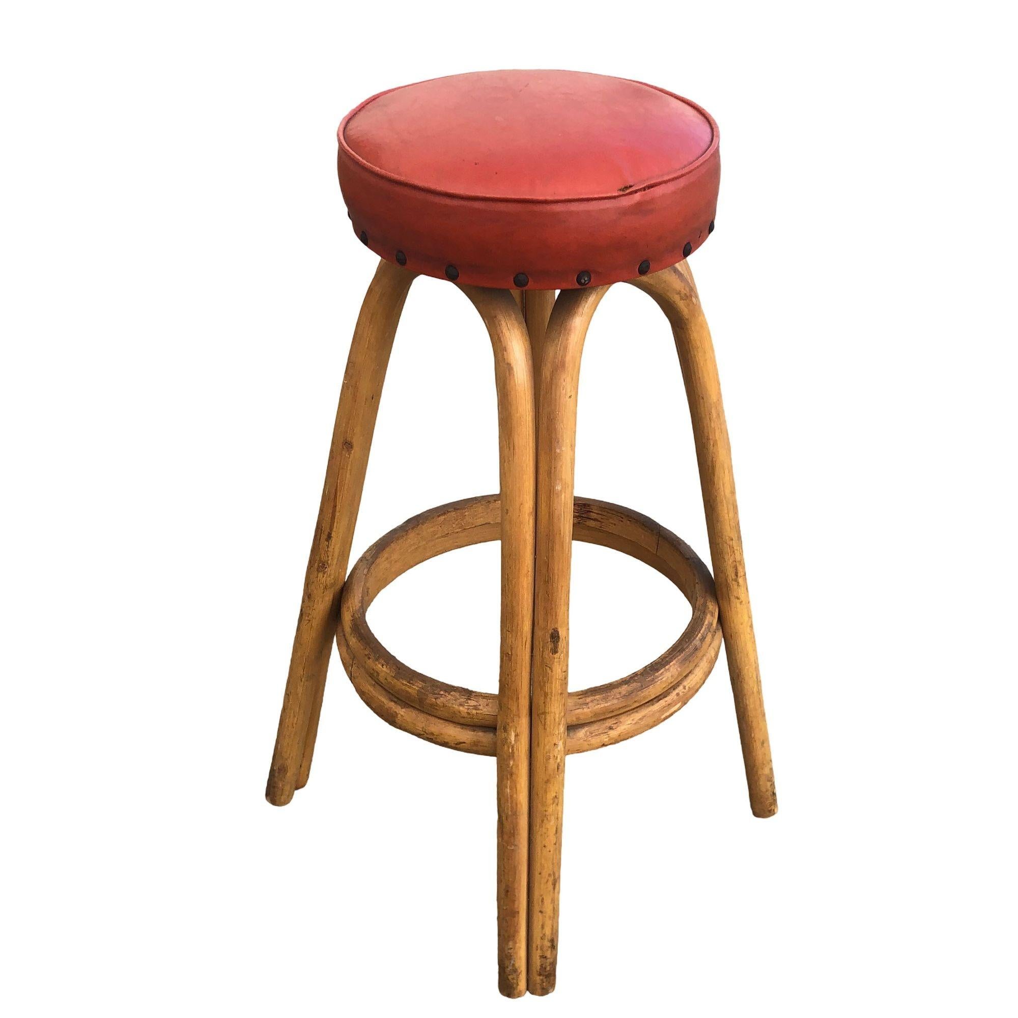 Restored arched Rattan Bar Stools w/ Studded Nailhead Red Seats, Set of 5 In Excellent Condition For Sale In Van Nuys, CA