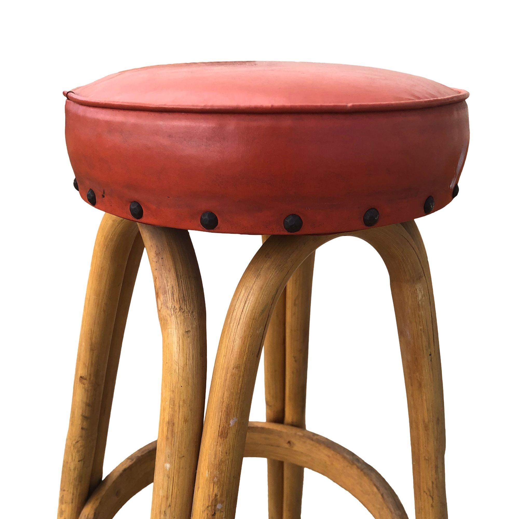 Mid-20th Century Restored arched Rattan Bar Stools w/ Studded Nailhead Red Seats, Set of 5 For Sale