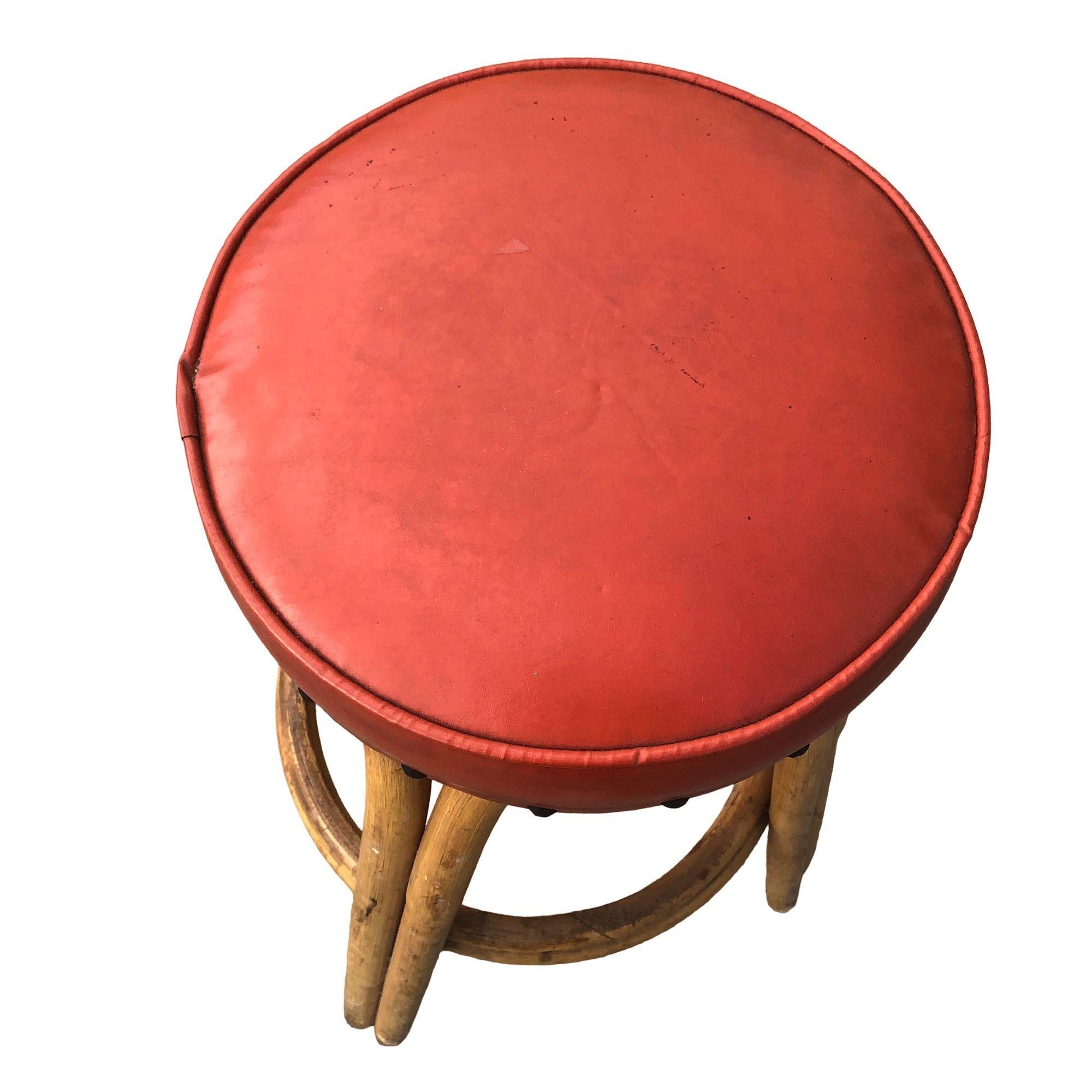 Naugahyde Restored arched Rattan Bar Stools w/ Studded Nailhead Red Seats, Set of 5 For Sale