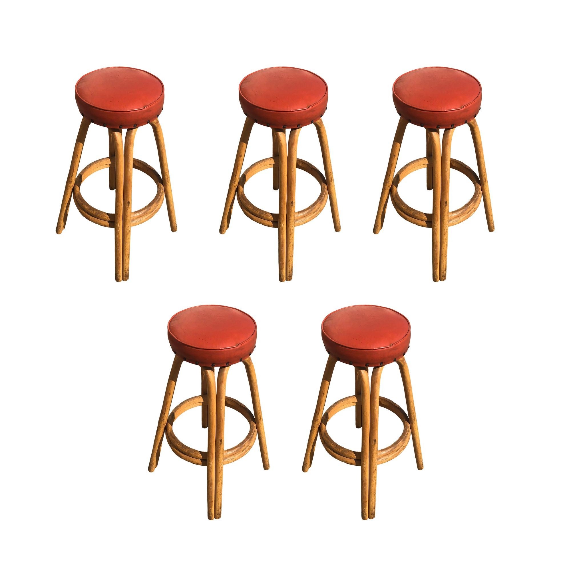 Restored arched Rattan Bar Stools w/ Studded Nailhead Red Seats, Set of 5 For Sale