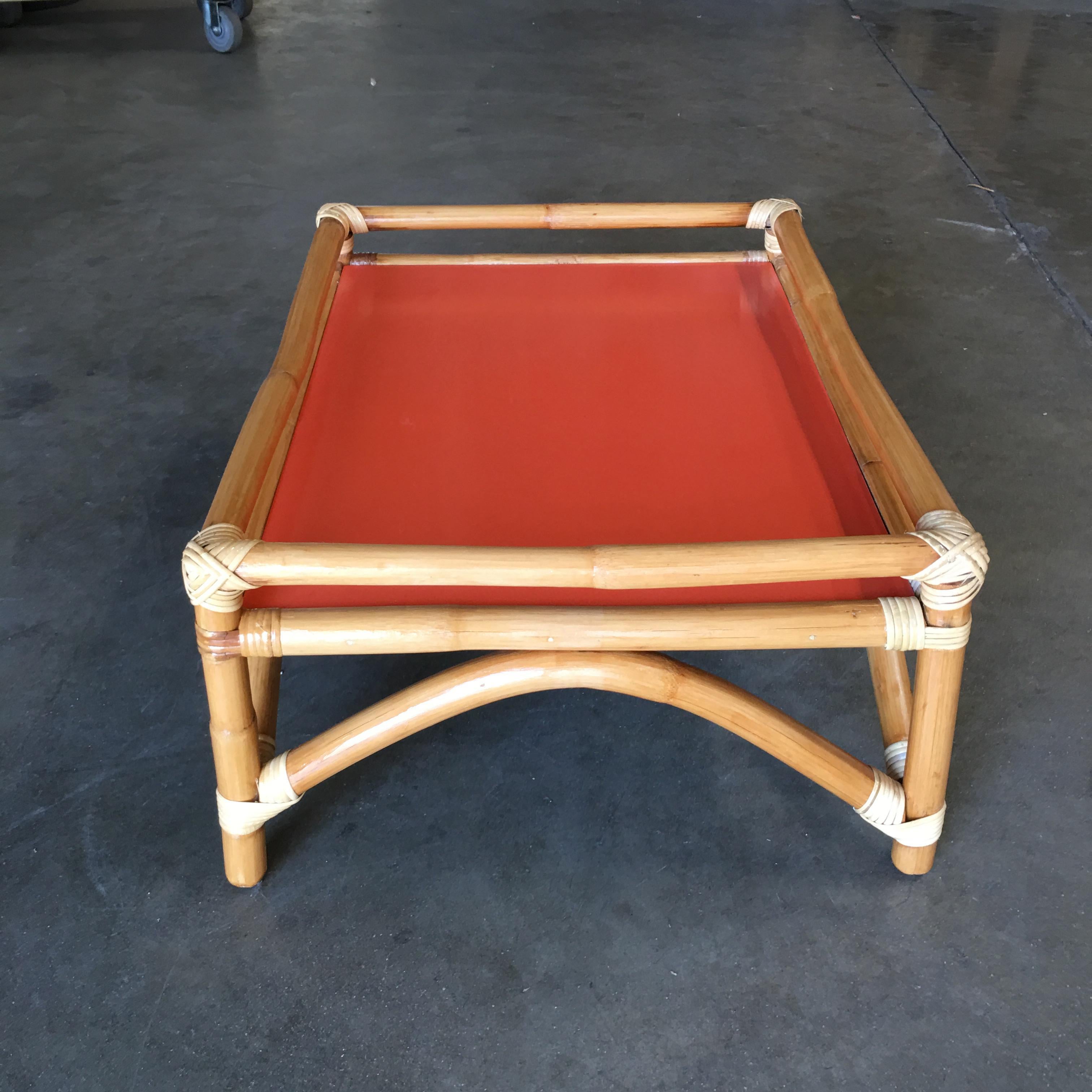 Mid-Century Modern Restored Arched Rattan Ottoman Stool with Fenced Top