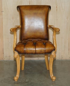 RESTORED ART DECO 1920's BURR WALNUT BROWN LEATHER CHESTERFIELD OFFICE ARMCHAIR