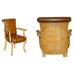 RESTORED ART DECO 1920er BURR WALNUT BROWN LEATHER CHESTERFIELD OFFICE ARMCHAIR