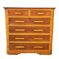 Restored Art Deco 6 Drawer Stacked Rattan Highboy Dresser w/ Mahogany Top