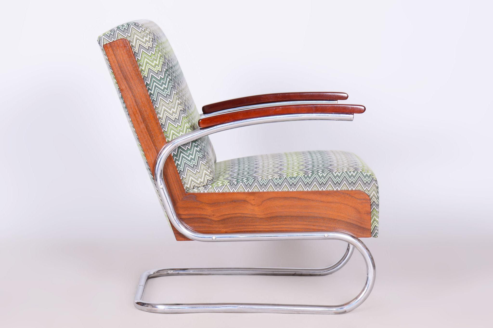 Restored Art Deco Armchair, Beech, Spruce, Walnut, Chrome, Czech, 1930s For Sale 3