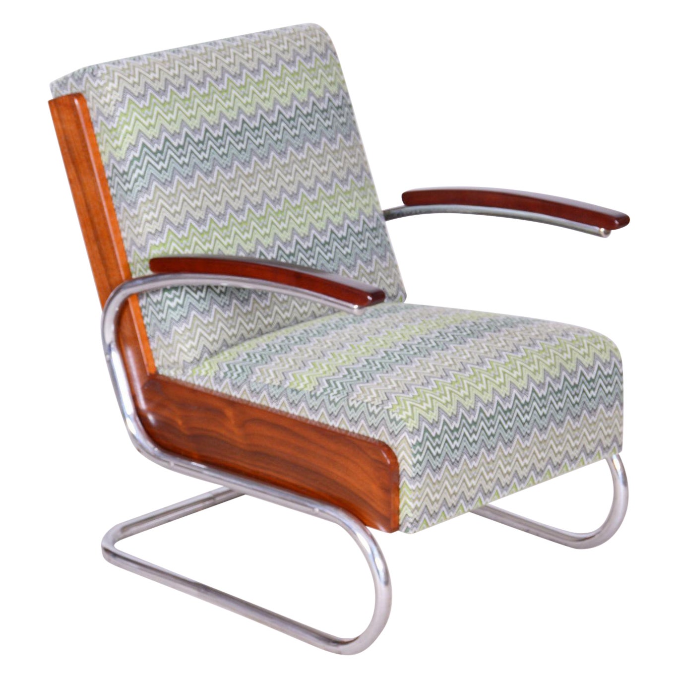 Restaurierter Art-Déco-Sessel, Buche, Spruce, Nussbaum, Nusbaum, Chrom, Tschechisch, 1930er Jahre im Angebot