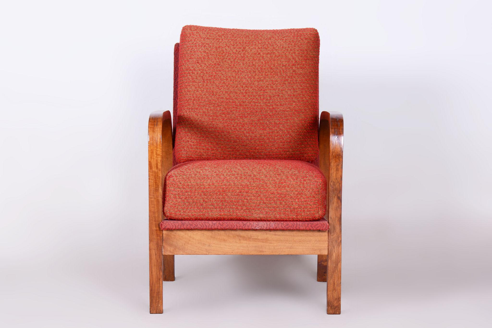 Fabric Restored Art Deco Armchair, Original Upholstery, Walnut, Veneer, Czech, 1930s For Sale
