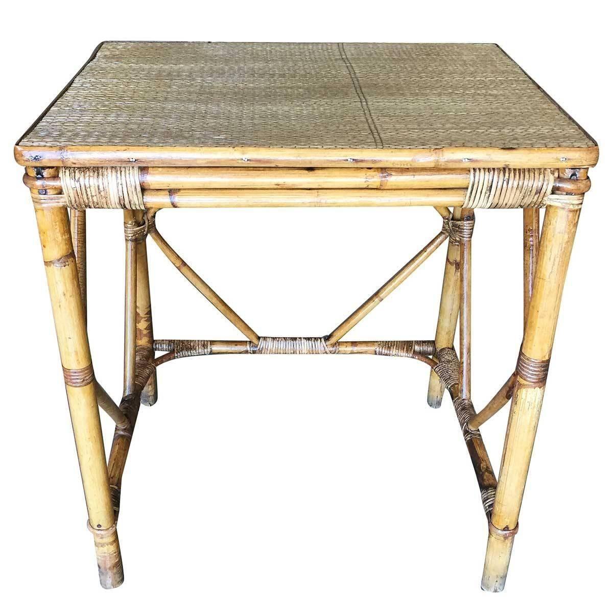 American Restored Art deco Blond Rattan Side Table W/ Rice Mat Top For Sale