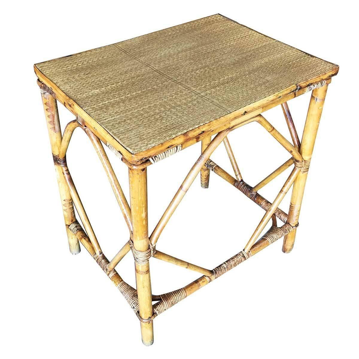 Mid-20th Century Restored Art deco Blond Rattan Side Table W/ Rice Mat Top For Sale