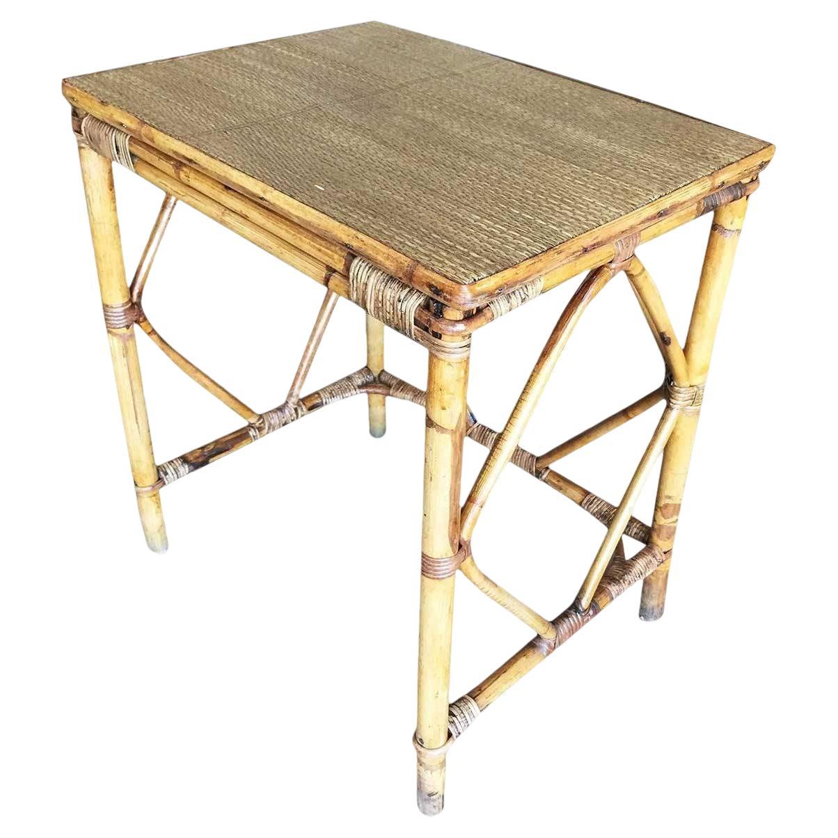 Restored Art deco Blond Rattan Side Table W/ Rice Mat Top For Sale