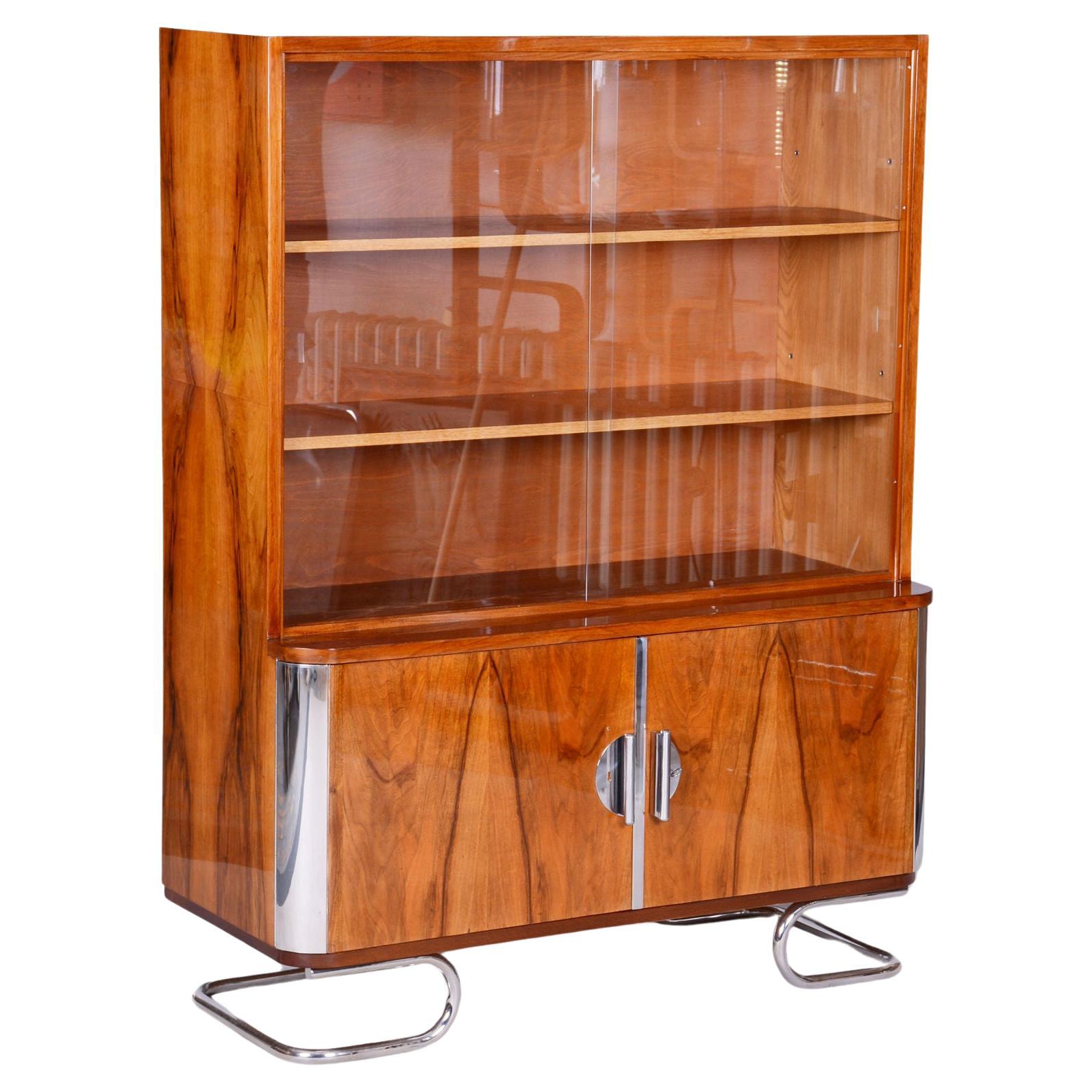 Restored Art Deco Bookcase, by Vichr a spol., Walnut, Glass, Czech, 1930s