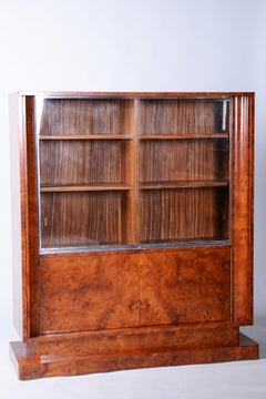 Bibliothèque Art Déco restaurée, orme, acajou, zébrano, poli, France, années 1920