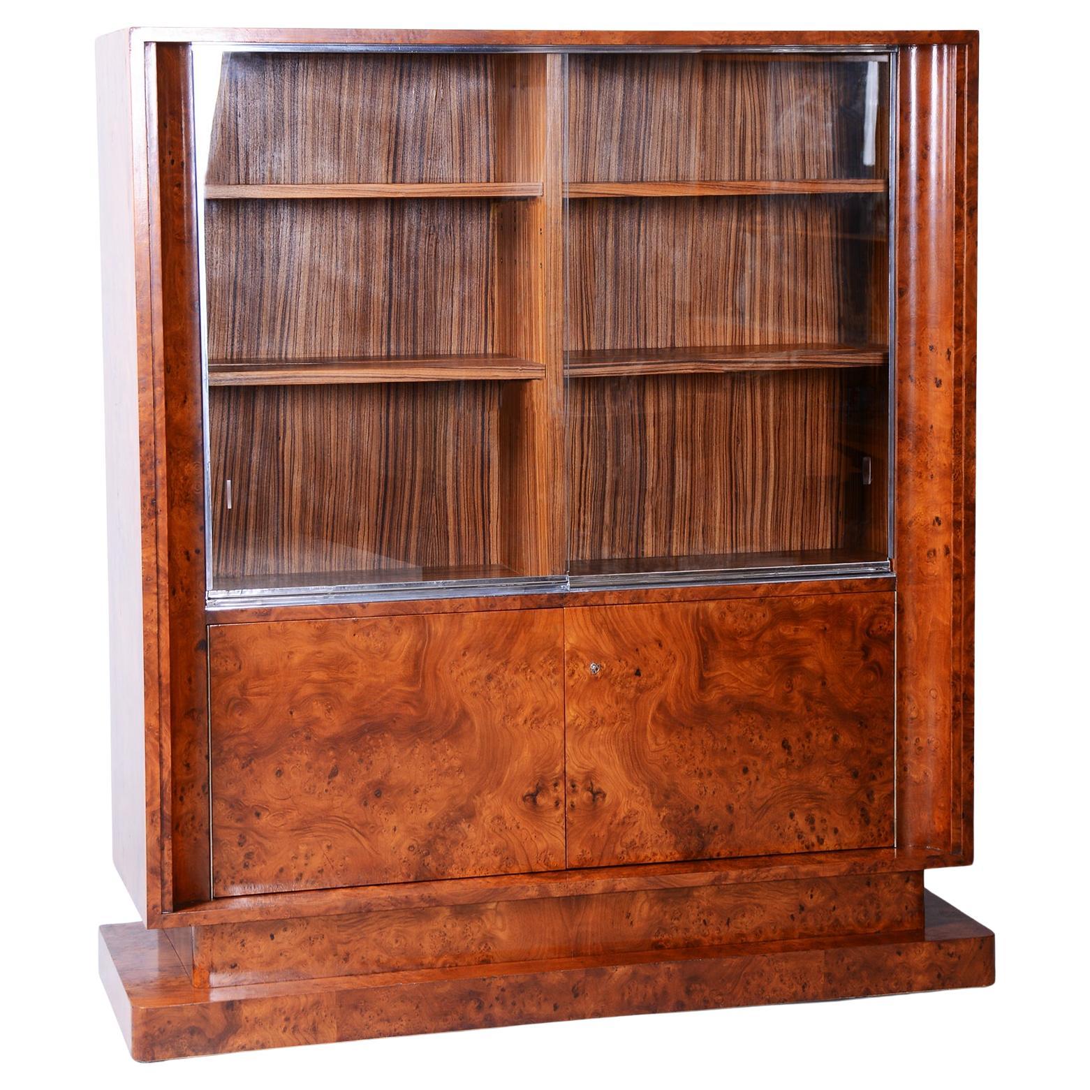 Bibliothèque Art Déco restaurée, orme, acajou, zébrano, poli, France, années 1920 en vente