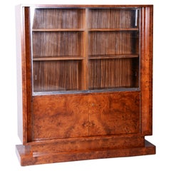 Bibliothèque Art Déco restaurée, orme, acajou, zébrano, poli, France, années 1920