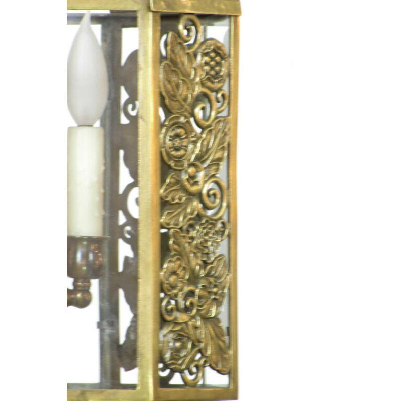Italian Restored Art Deco Brass and Glass Lantern with Flowers For Sale
