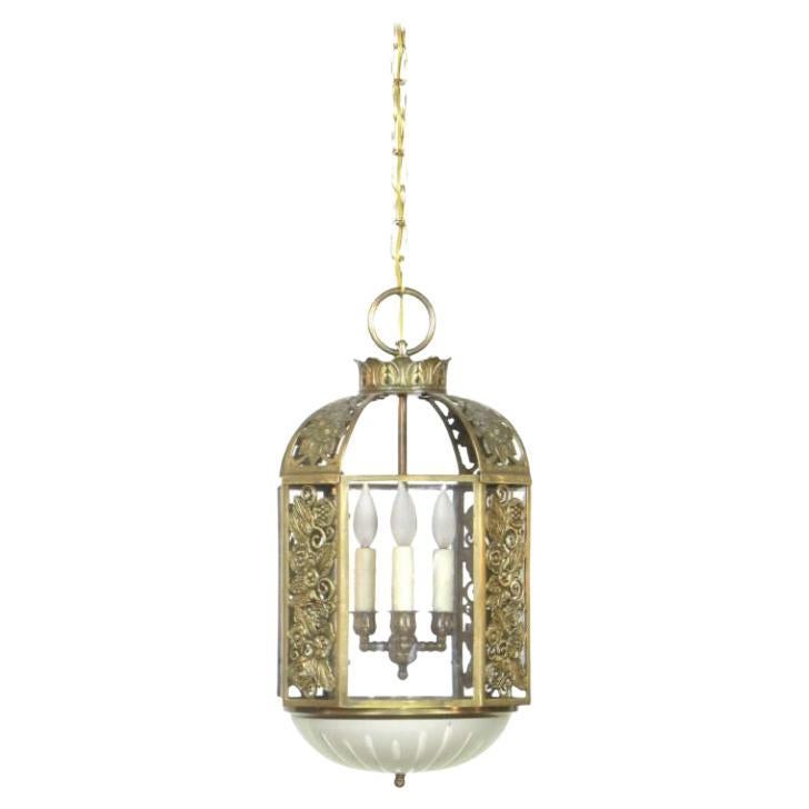 Restored Art Deco Brass and Glass Lantern with Flowers For Sale