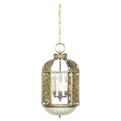 Restored Art Deco Brass and Glass Lantern with Flowers