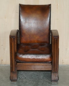 Restored Art Deco Brown Chesterfield Leather Reclining Bookcase Armchairs Pair