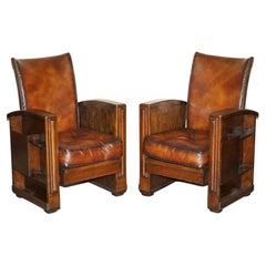 Antique Restored Art Deco Brown Chesterfield Leather Reclining Bookcase Armchairs Pair