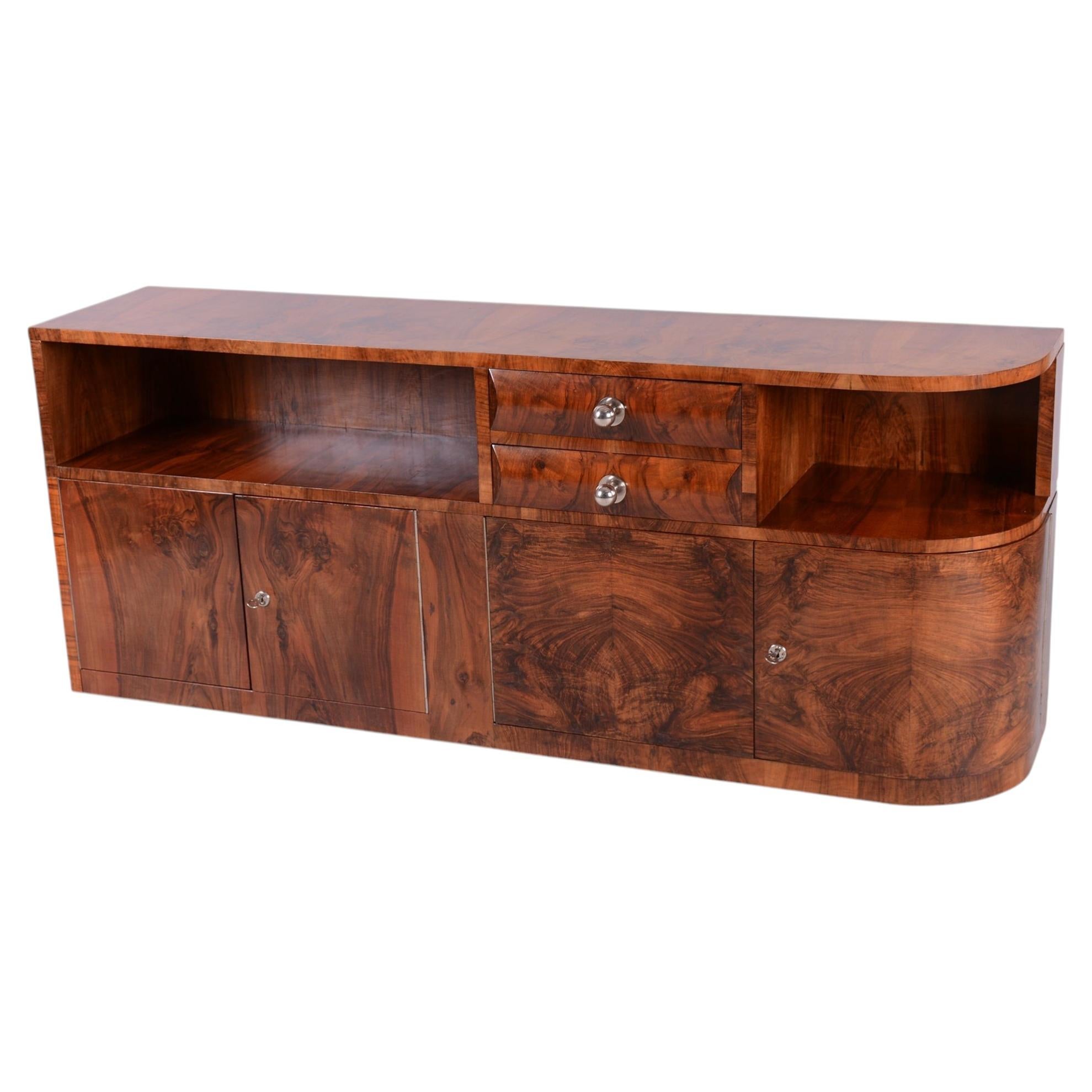 Restored Art Deco Buffet, Walnut, Chrome, Steel, Revived Polish, Czech, 1920s