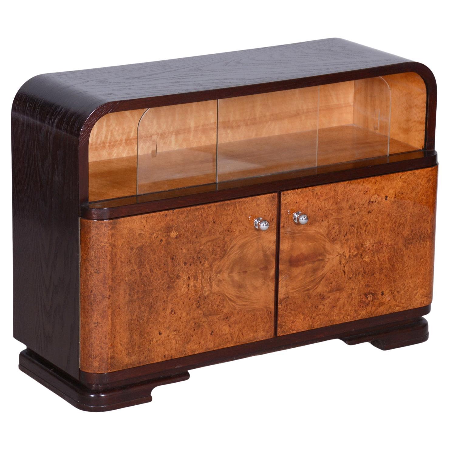 Restored Art Deco Cabinet, Oak, Maple and Glass, Polished, Czech, 1930s For Sale