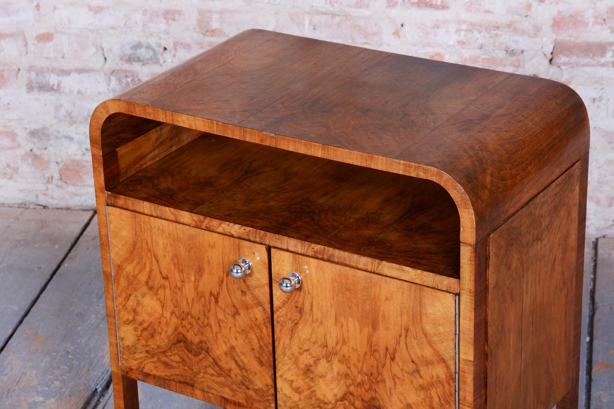Wood Restored Art Deco Cabinet, Walnut, Veneer, Revived Polish, Czech, 1920s For Sale