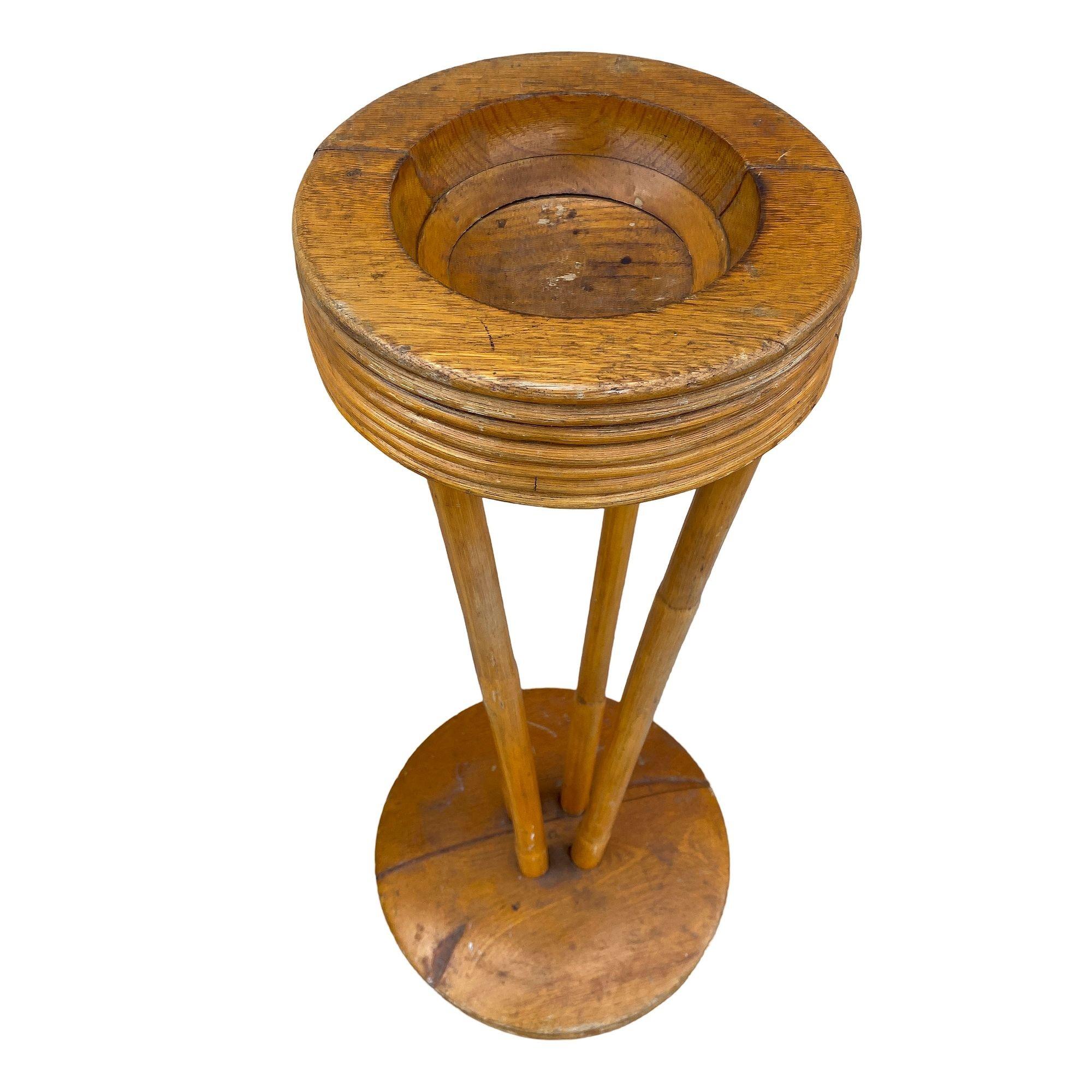 American Restored Art Deco Carved Koa Wood and Rattan Smoke Ashtray Stand