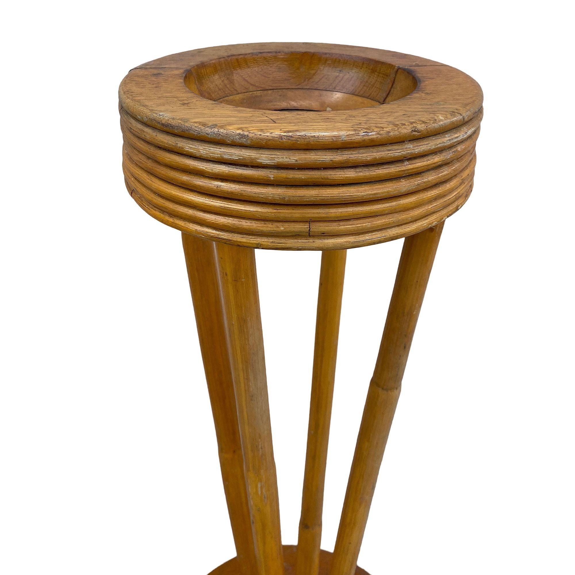 Restored Art Deco Carved Koa Wood and Rattan Smoke Ashtray Stand In Excellent Condition In Van Nuys, CA