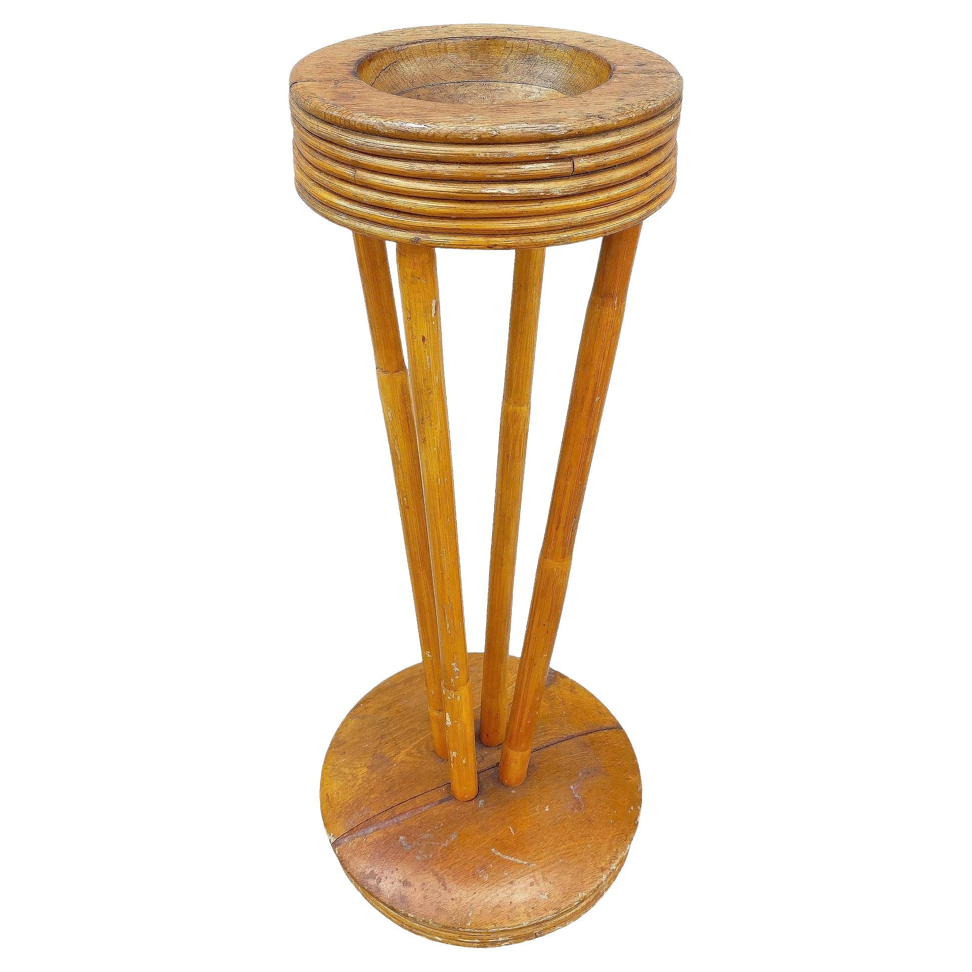 Restored Art Deco Carved Koa Wood and Rattan Smoke Ashtray Stand