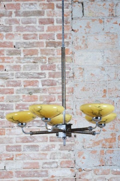 Restored Art Deco Chandelier, Chrome, Beech, Walnut, Glass, Czech, 1920s