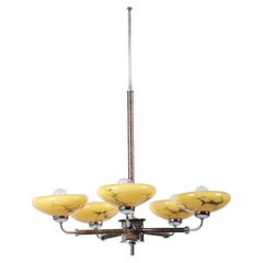 Restored Art Deco Chandelier, Chrome, Beech, Walnut, Glass, Czech, 1920s