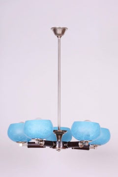 Lampadario Art Deco restaurato, acciaio cromato, Beeche, vetro, ceco, anni '20