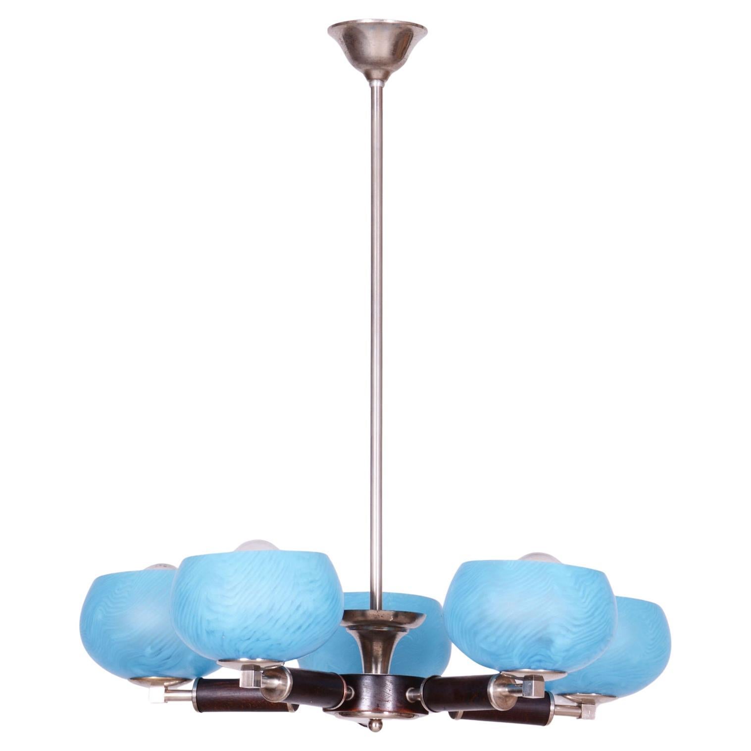 Lampadario Art Deco restaurato, acciaio cromato, Beeche, vetro, ceco, anni '20