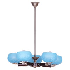 Lampadario Art Deco restaurato, acciaio cromato, Beeche, vetro, ceco, anni '20