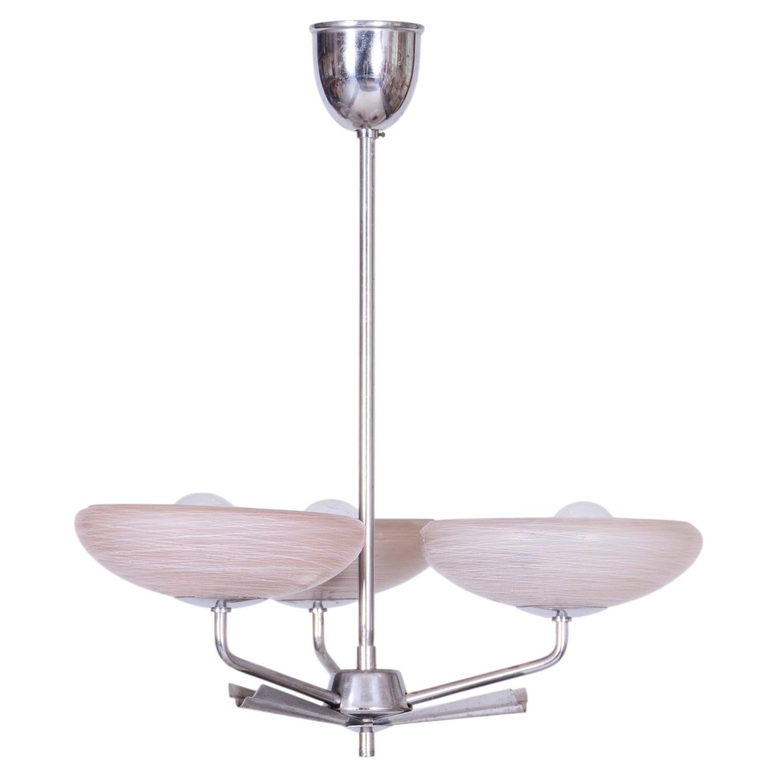 Restored Art Deco Chandelier, Chrome-Plated Steel, Marble Glass, Czech, 1920s